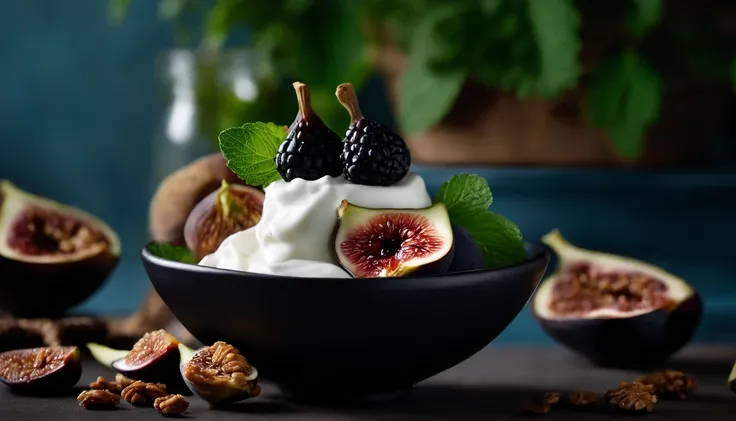 an image of a black bowl filled with natural yogurt, granola, berries, and figs, positioned on a blue background with a sprig of mint, utilizing soft and diffused lighting to create a serene and inviting atmosphere