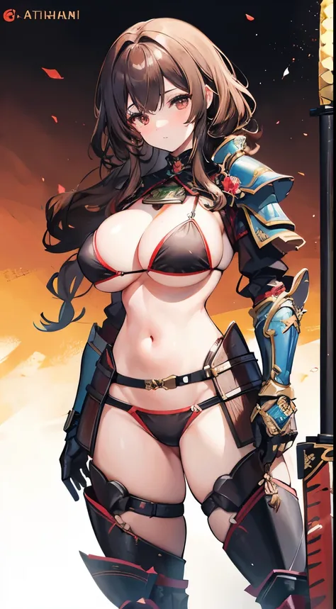 1girl, medium brown curly hair, knight, genshin impact style, biggest boobs, milf, bikini armor, heavy armor, samurai, katana