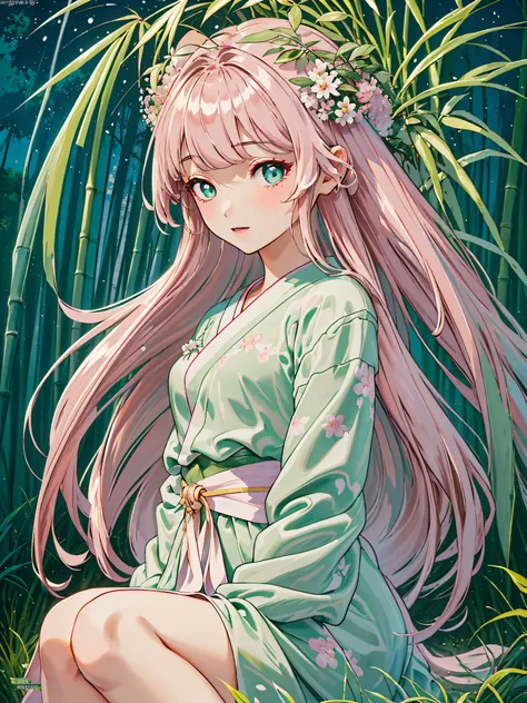 (((pearl pink hair,beautiful bamboo forest with emerald eyes:1.2,sitting in a field of green plants big breasts and big breasts ...