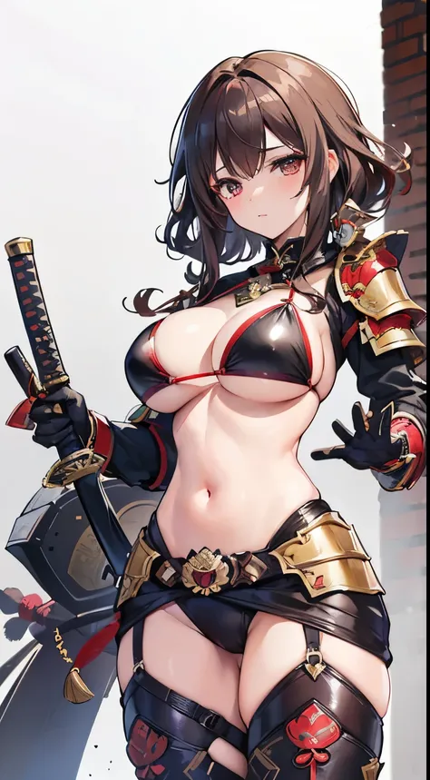 1girl, medium brown curly hair, knight, genshin impact style, biggest boobs, milf, bikini armor, heavy armor, samurai, katana