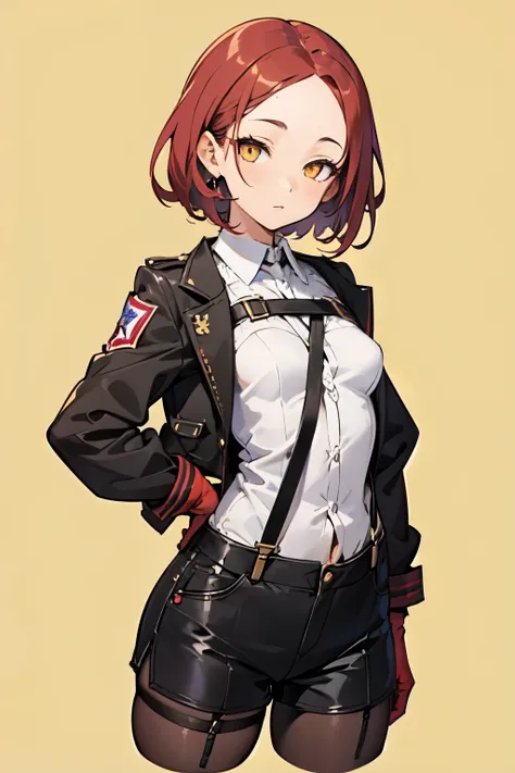 1girl, young woman, solo, short hair, Small  hair, (forehead:1.2), yellow eyes, sharp ocular posture, (scarlet red hair), light brown skin tone, Athletic, muscular, medium breasts, (cropped jacket, black jacket), white shirt, collared shirt, (chest harness...