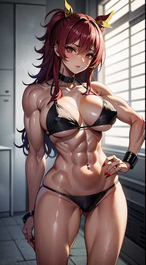 master piece、Top Quality、1 girl in、(Stella Vermillion)、Ligature bracelet、muscular thighs, muscular belly, wide hips, (very thin waist), large breasts, very hard breasts, standing breasts, very hard nipple, ( ((A sexy pose))), wearing red shoes with high he...