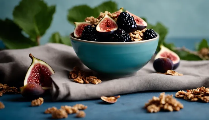 a creative shot of a black bowl filled with natural yogurt, granola, berries, and figs, positioned on a blue background with mint leaves scattered around, incorporating a rustic element, such as a wooden table or linen napkin, to add visual interest