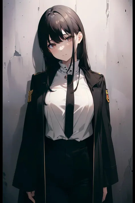 ((((Obra maestra, La mejor calidad, ultrahigh resolution)))), 1girl, standing, ((military uniform, cameo pants, cameo coat)), (((black hair, dark black hair over eye:1))), long hair cut, pale skin, ((brown eyes)), glowing_eyes, neon eyes, (ultra detailed e...