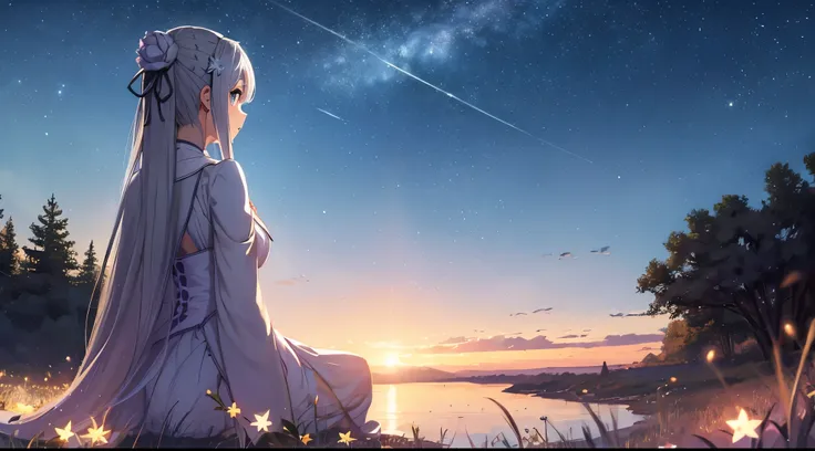 re:zero, detailed, masterpiece, 8k, realistic, emilia,1girl, hair flower, gray hair, from behind, sitting on grass, star sky, amazing night sky, night, falling stars