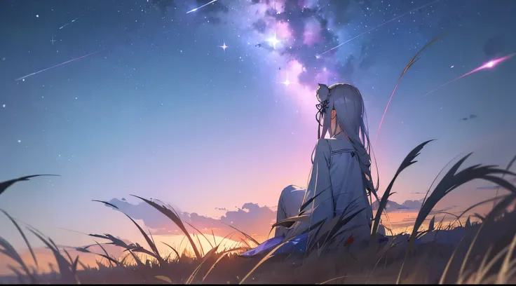 re:zero, detailed, masterpiece, 8k, realistic, emilia,1girl, hair flower, gray hair, from behind, sitting on grass, star sky, amazing night sky, night, falling stars