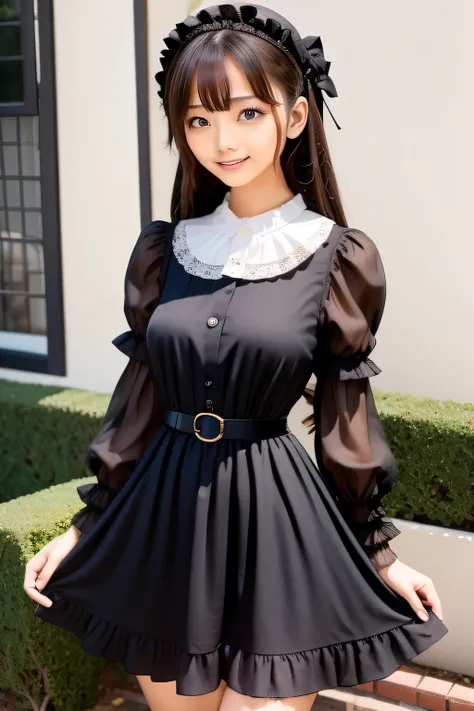 green lolita fashion, Wide collar with plenty of frills, The hem of a skirt with lots of frills, thick decorative belt at the waist、bangss, s lips、without makeup、short eyelashes、watching at viewers、A smile、Photorealsitic、high-level image quality、masutepiec...