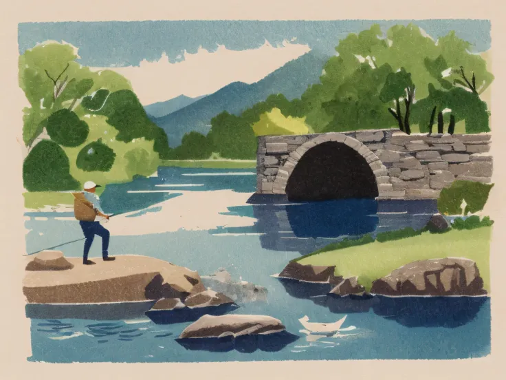 a detailed watercolor of an old man fly fishing in a river below an old stone bridge. lovely masterpiece, lovely composition, fm...