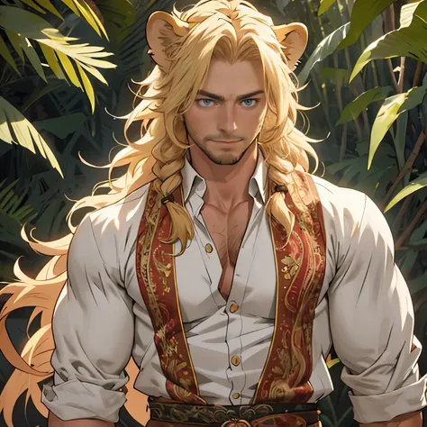 Shirtless, One male, lion ears, long hair, blond, blond hair, green eyes, tall, muscular, white shirt, beautiful face, ((highest quality)), ((masterpiece)), 3d, ((anime)), (perfect face), ((highest detail)), feline eyes, stubble, lion tail, wavy hair, cowb...