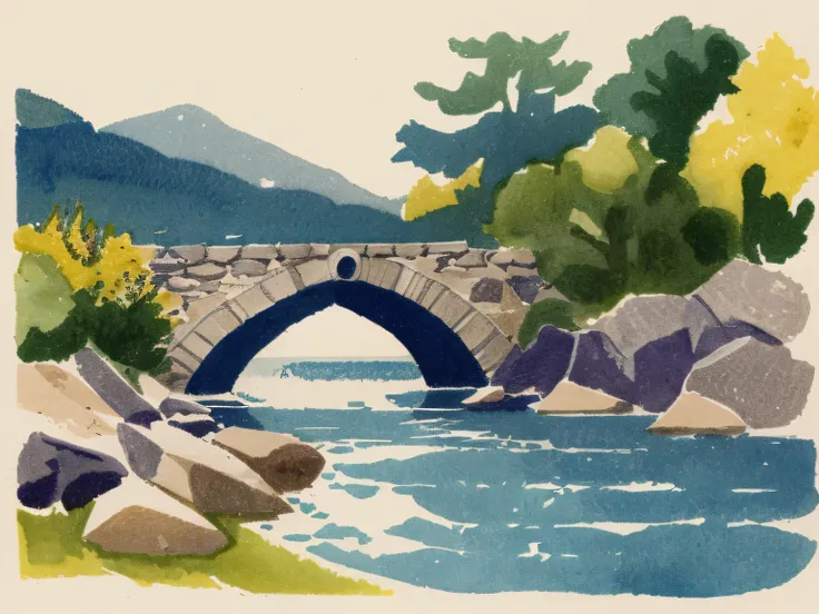 A detailed watercolor of an old man fly fishing in a river below an old stone bridge. Lovely Masterpiece, lovely composition, FML, watercolor, landscapes, nature, outdoors, art, style