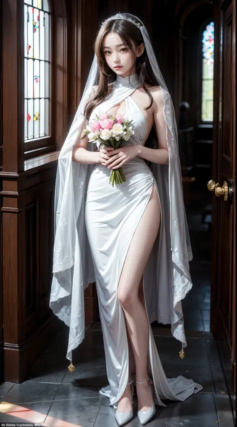 Sugihara anri, ((solo)), alone, bride, was naked, horny, happy, ((forehead to show)), standing, entering the church, dark hair, long hair, delicate, young, long hair, detailed face, high definition, ((full body)), (flowers around her), full body, she is a ...