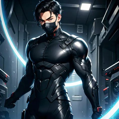 one man, masculine man, muscular man, black hair, short hair, black mask, futuristic clothes, tight suit, black suit, military suit