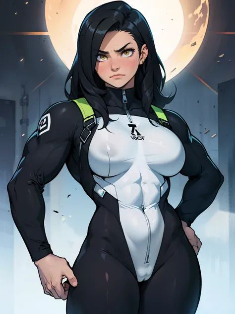 (((muscular girl toned body large breasts))) pale skin black hair yellow eyes sad frown blush bodysuit bodysuit bodysuit