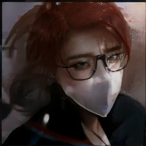 of a guy，Black glasses frame，red tinted hair，White mask，Extreme light and shadow，a sense of atmosphere，Handsome and melancholy