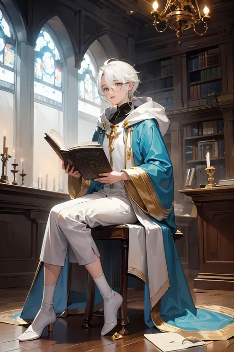 an androgynous hooded boy with long white hair sits on a throne inside a large library and holds an open book, the person is wearing glasses, the library is lit by candles and filled with books stacked on the floor, with a large round window in the backgro...