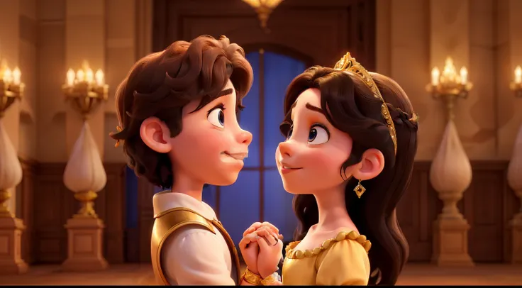 Its a Renaissance dance party, the hall is lit, and the couples dance joyfully. The prince and the princess gaze into each others eyes, the image is in profile, and their noses touch. The princess has dark hair and blue eyes, the prince has dark hair and b...