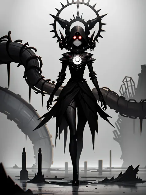 horror art, A gloomy world, Dark Fantasy, full-length portrait, Character Sheet, Automaton Girl, dark brown skin, sharp white helmet, dark mechanisms, massive rings, massive needle, black liquids, Distortion, abandoned world, grey mist