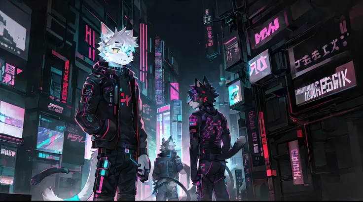 white cat male，Cat ears，Cyberpunk clothes，The tail is in the right place