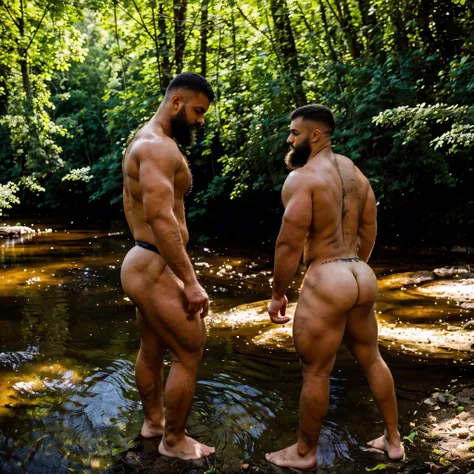 Pinch the view on the contre-plongée and view the arrière of all the corps, d&#39;a bodybuilder barbu now debuts in the côté d&#39;A river in a forest, thick beard, coupe de cheveux en contre-dépouille, soleil