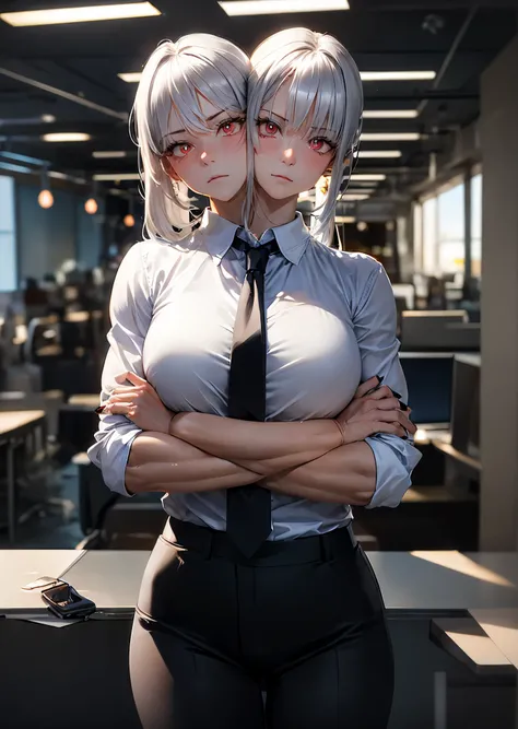 (2heads:1.1), 1girl, expressionless, closed mouth, crossed arms, long silver hair, ponytail, sidelocks, red eyes, glowing eyes, bright pupils, black suit, white collared shirt, necktie, black pants, office space, office interior, light shaft, light rays, c...