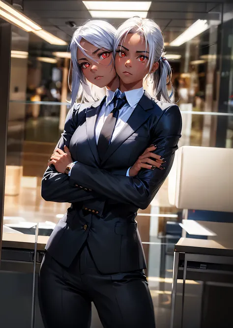 (2heads:1.1), 1girl, expressionless, closed mouth, crossed arms, long silver hair, ponytail, sidelocks, red eyes, glowing eyes, bright pupils, black suit, white collared shirt, necktie, black pants, office space, office interior, light shaft, light rays, c...