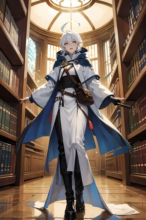 an androgynous hooded boy with long white hair stands inside a large library and holds an open book, the boy is wearing glasses, the library is lit by candles and filled with books stacked on the floor, with a large round window in the background showing t...