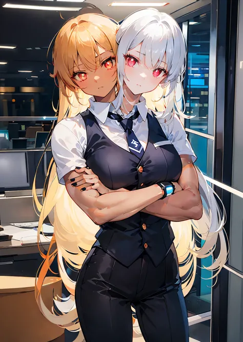 (2heads:1.5), 1girl, expressionless, closed mouth, crossed arms, long silver hair, ponytail, sidelocks, red eyes, glowing eyes, bright pupils, red suit, white collared shirt, necktie, black pants, office space, office interior, light shaft, light rays, cow...