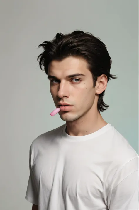 RAW photos, DSLR BREAK
(kkw-ph1:0.9) BROKEN
half body portrait of a 20 year old young man, black mullet hair, wearing a white shirt,
detailed, blowing gum, bubble gum green with professional color level