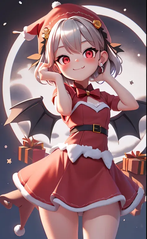 Pixar, 1girl in, Devilish appearance, (short silver hair:1.5), Eyes are red, Reaching out:1.5, blush, (Ahoge:1.2), eyes gentle, (A smile:1.2), Hair Bow, (Black devil wings and tail grow:1.3), Black sheep horns grow, (Red Santa Dresses:1.3), (Santa Hat:1.3)...