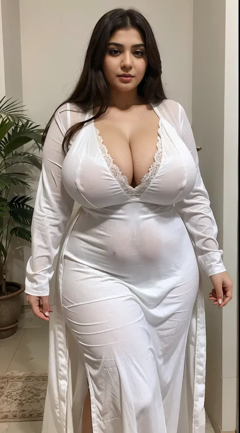 Bbw Pakistani, big boobs, white silky long dress