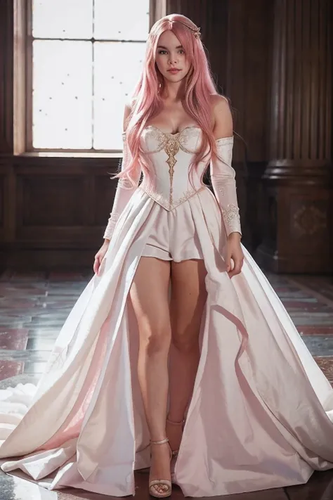 full body portrait of a 18 year old young woman with striking pink hair, , ava max, with pink hair, kailee mandel, long flowing pink hair, pink wispy hair, flowing pink hair, pink hair, light pink hair, long pink hair, long hair, curly hair, hair falling i...