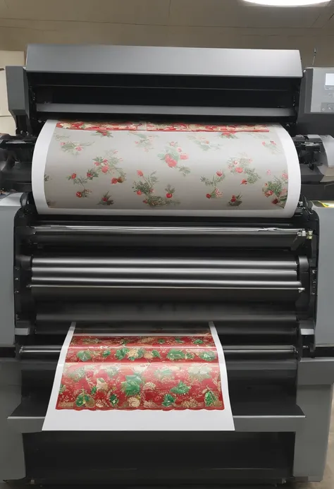 Greate a  new offset printing machine, sheet fed, Heidelberg XL 75, which is covered with christmas paper.