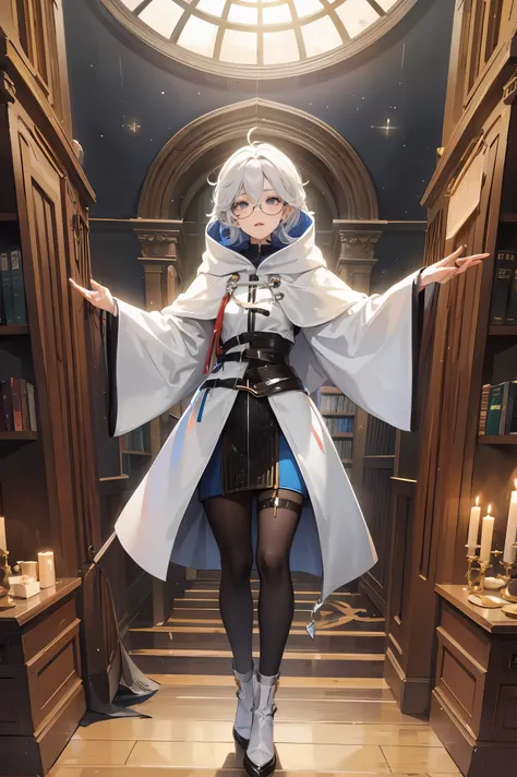 an androgynous hooded boy with long white hair stands inside a large library and holds an open book, the boy is wearing glasses, the library is lit by candles and filled with books stacked on the floor, with a large round window in the background showing t...