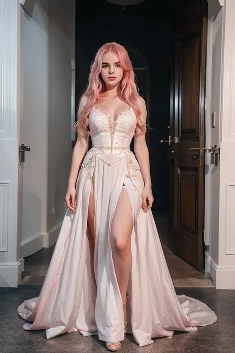 full body portrait of a 18 year old young woman with striking pink hair, , ava max, with pink hair, kailee mandel, long flowing pink hair, pink wispy hair, flowing pink hair, pink hair, light pink hair, long pink hair, long hair, curly hair, hair falling i...