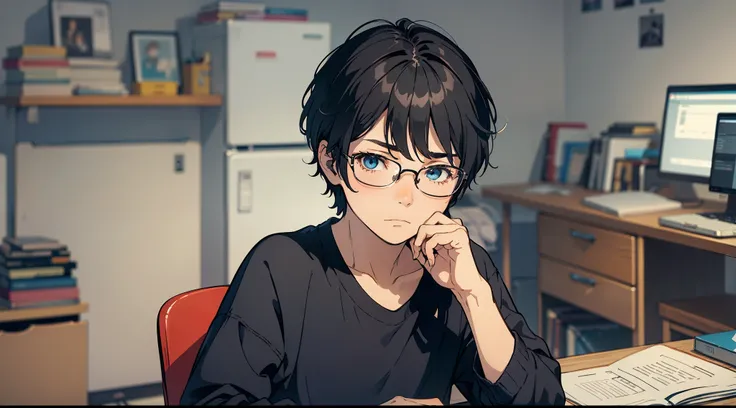 In the shabby room, a 16-year-old boy with glasses, short black hair, shabby clothes, and a sad expression, sat in front of the computer, looking at the computer screen