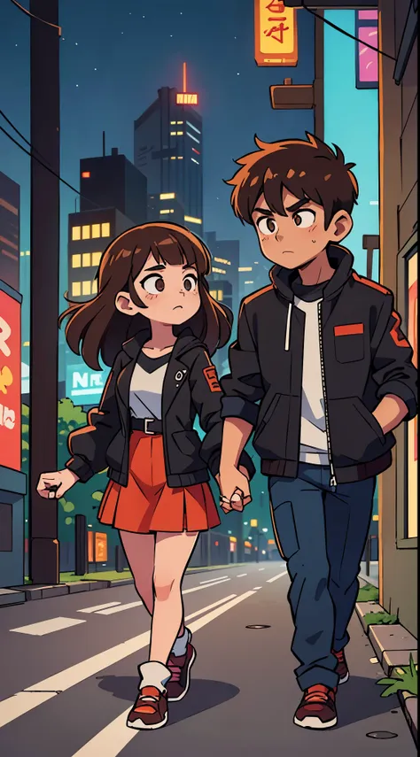 1 male brown haired, 1 female brown haired , black jacket, night time, in cyberpunk city, holding hands , walking next to each other