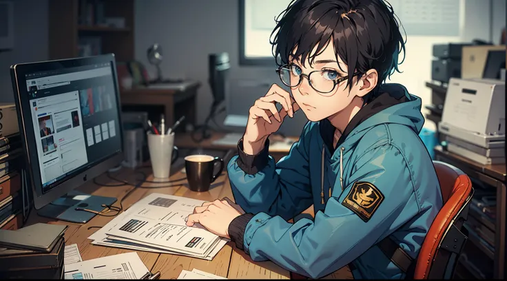 In the shabby room, a 16-year-old boy with glasses, short black hair, shabby clothes, and a sad expression, sat in front of the computer, looking at the computer screen