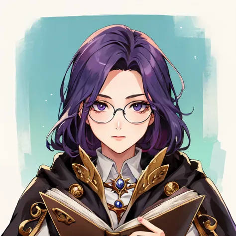 anime - style image of a woman with glasses holding a book, retrato of a mago feminino, retrato of a mage, RPG book retrato, a young bruxa feminina, closeup retrato of an mage, mago feminino!, crisp clear RPG retrato, RPG_retrato, bruxa feminina, RPG retra...