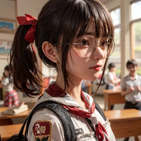 Side, Indonesian girl 13 year old, gigantic breast, short ponytail hair style, round face, detailed face, shiny glasses, wearing Scout outfit, red white tie, brown mini skirt , pantyhose, shoes school, uniform embroidered brown name tag "Vivi " wearing bla...