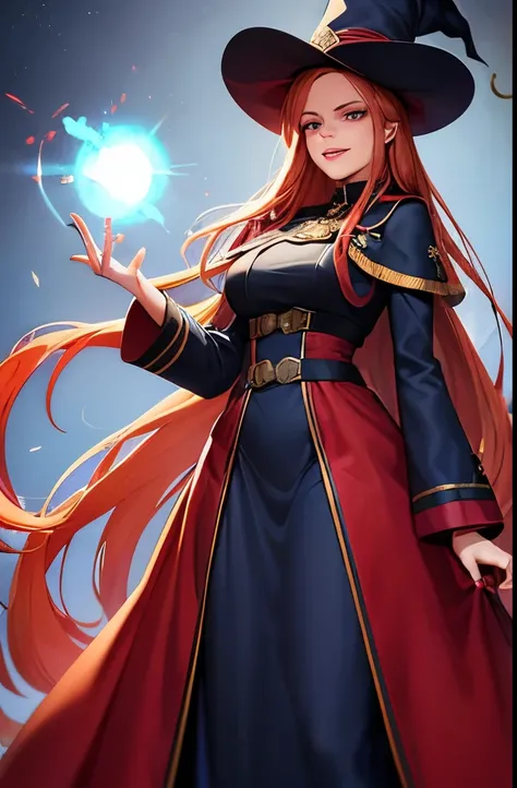 A 23 year old woman, gorgeous ginger woman, medium length strawberry blonde hair, wearing a long navy blue Russian army overcoat, navy blue and gold witchs hat, fully clothed, green eyes, vibrant eyes, red lipstick, holding an orb of fire in her right hand...