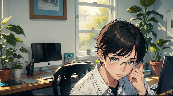 In the shabby room, a simple, clean room, with plants, a 16-year-old boy with glasses, short black hair, shabby clothes, and a sad expression, sat in front of the computer, looking at the computer screen