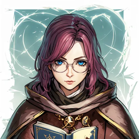 realista girl with glasses and a book, retrato de uma maga feminina, livro rpg retrato, crisp clear rpg retrato, rpg retrato, re...