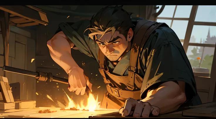 A man working as a blacksmith in a detailed background with a blacksmith working station. The background should have dim lights, vivid colors, and be ultra-detailed. The man should be the main focus with a realistic depiction.