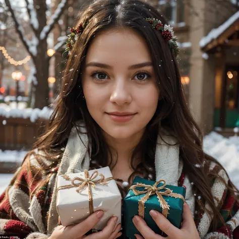 (a beautiful girl:1.2,holding Christmas gifts,in a Christmas-themed background), stunning portrait, vibrant colors, soft and warm lighting, detailed facial features, delicate brushstrokes, realistic rendering, holiday spirit, joyful atmosphere, shiny wrapp...