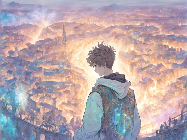 the panorama, (A young man of 16 years old), The amulet glows, complex light, pastel colours, style modern fantasy, (((Detailed drawing))), against the backdrop of the city