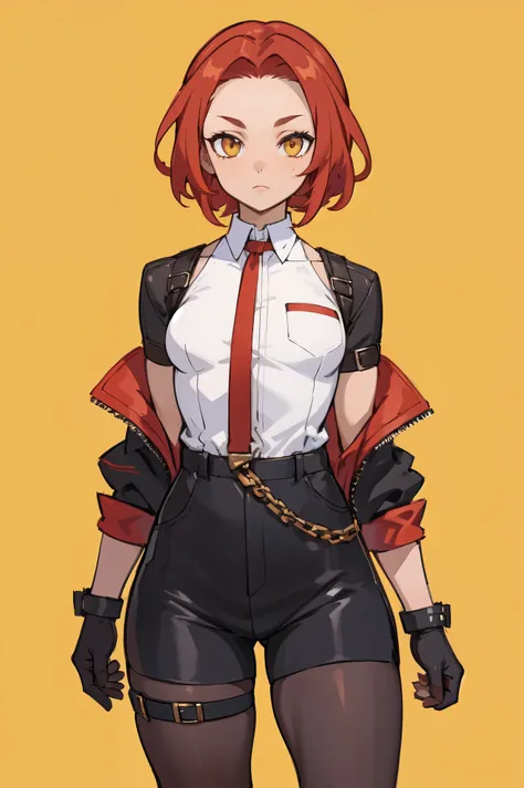 1girl, young woman, solo, short hair, Small  hair, (forehead:1.2), yellow eyes, sharp ocular posture, (scarlet red hair), light brown skin tone, Athletic, muscular, medium breasts, (cropped jacket, black jacket), white shirt, collared shirt, (chest harness...