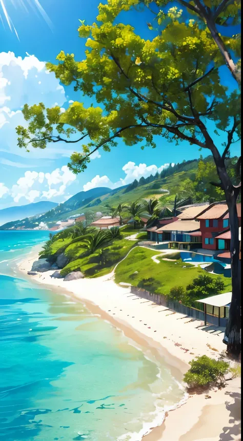 tmasterpiece，best qualtiy，Very detailed CG Unity 8K wallpaper，Most Best Illustration，Best Shadow，naturey，blue sea sand，and the sun was shining brightly，The line of sight runs parallel to the beach：1.15，Many umbrellas，NOhumans