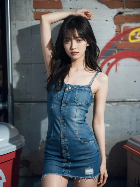 raw photo, 8k, (top-quality), Realistic, (real picture, Intricate details), (natural skin texture, detailed skin, hyper realism, sharpness), (Japanese college girl standing in dirty back alley atnight, graffitied wall:1.3, armpit exposed), ((wearing Denim ...