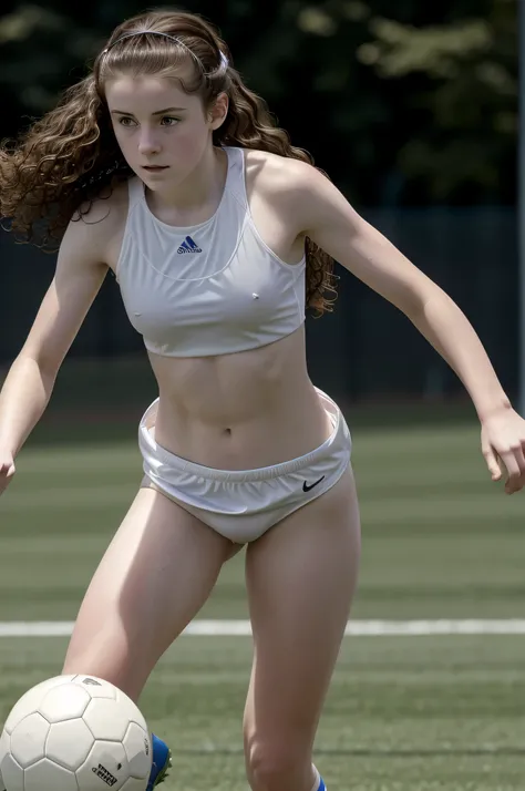 ((high resolution)), Athletic, ((pale skin)), brunette, 13 year old girl, long curly hair, naked, playing soccer