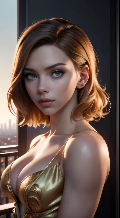 photo of Scarlett Johansson, RAW, beautiful woman, ((portrait)), ((detailed face:1.2)), ((detailed facial feature, detailed skin, clear skin), (perfect proportioned body, medium breasts), (wearing a color dress) (high detailed city environment, apartment b...